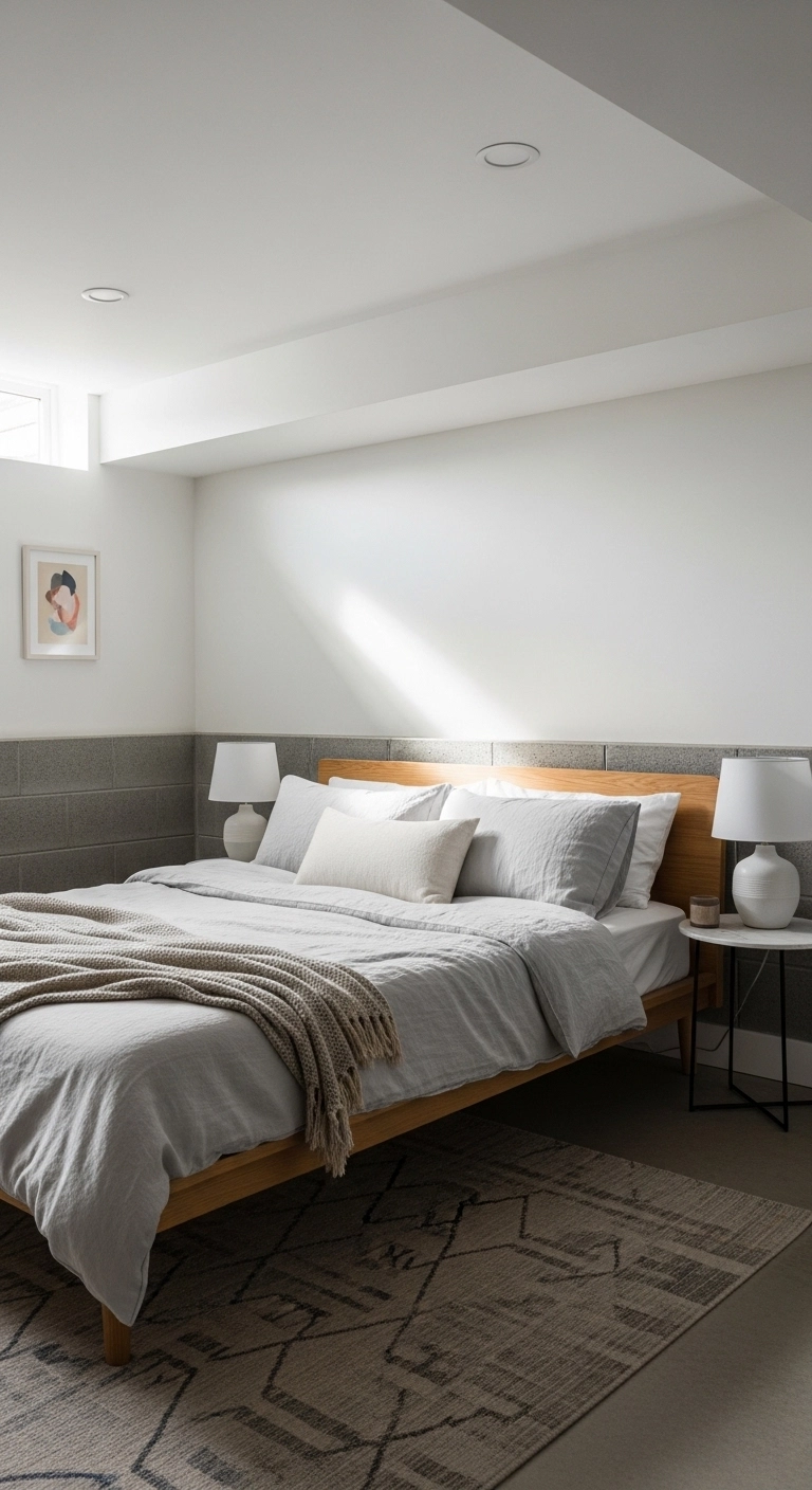 basement bedroom ideas with a low-profile bed in a small lower-level room