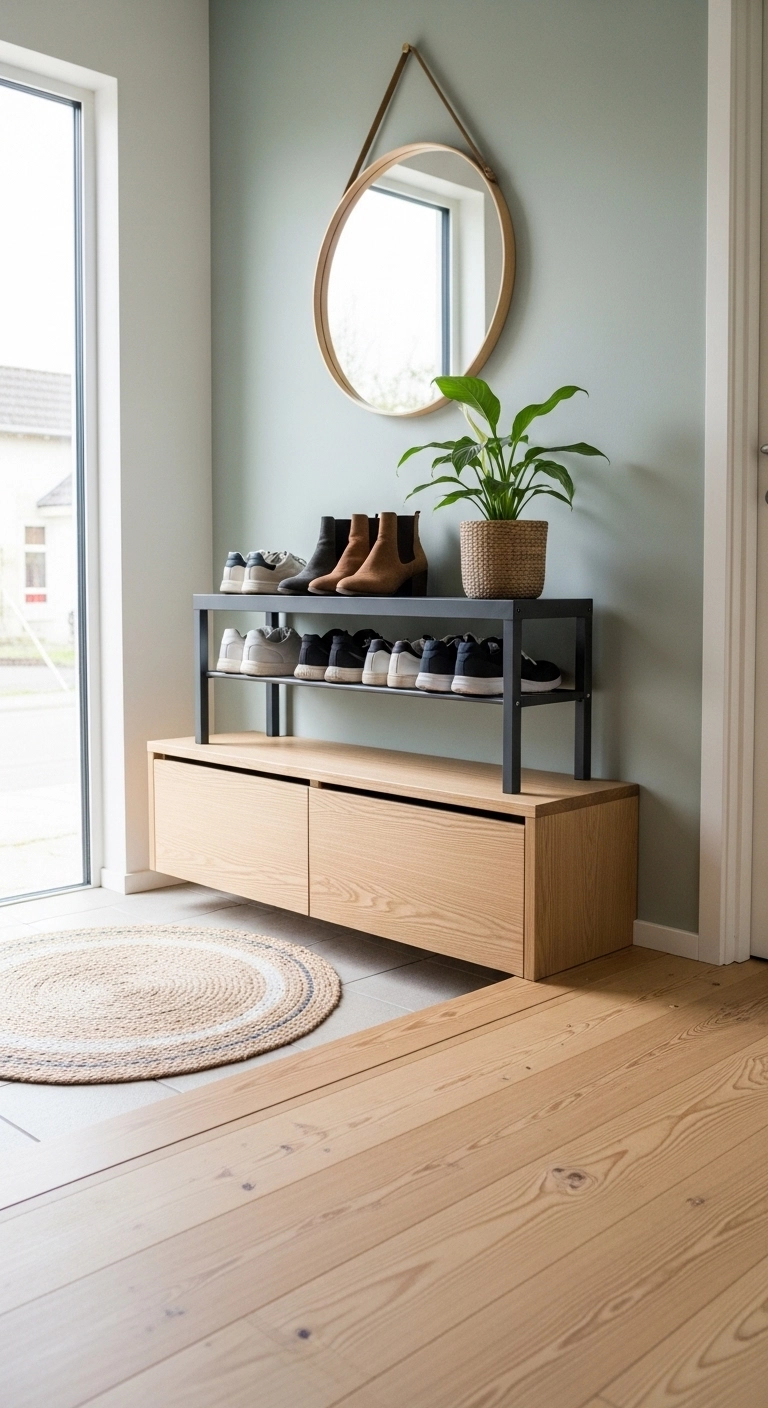 small entryway ideas with low shoe storage and a calm floor