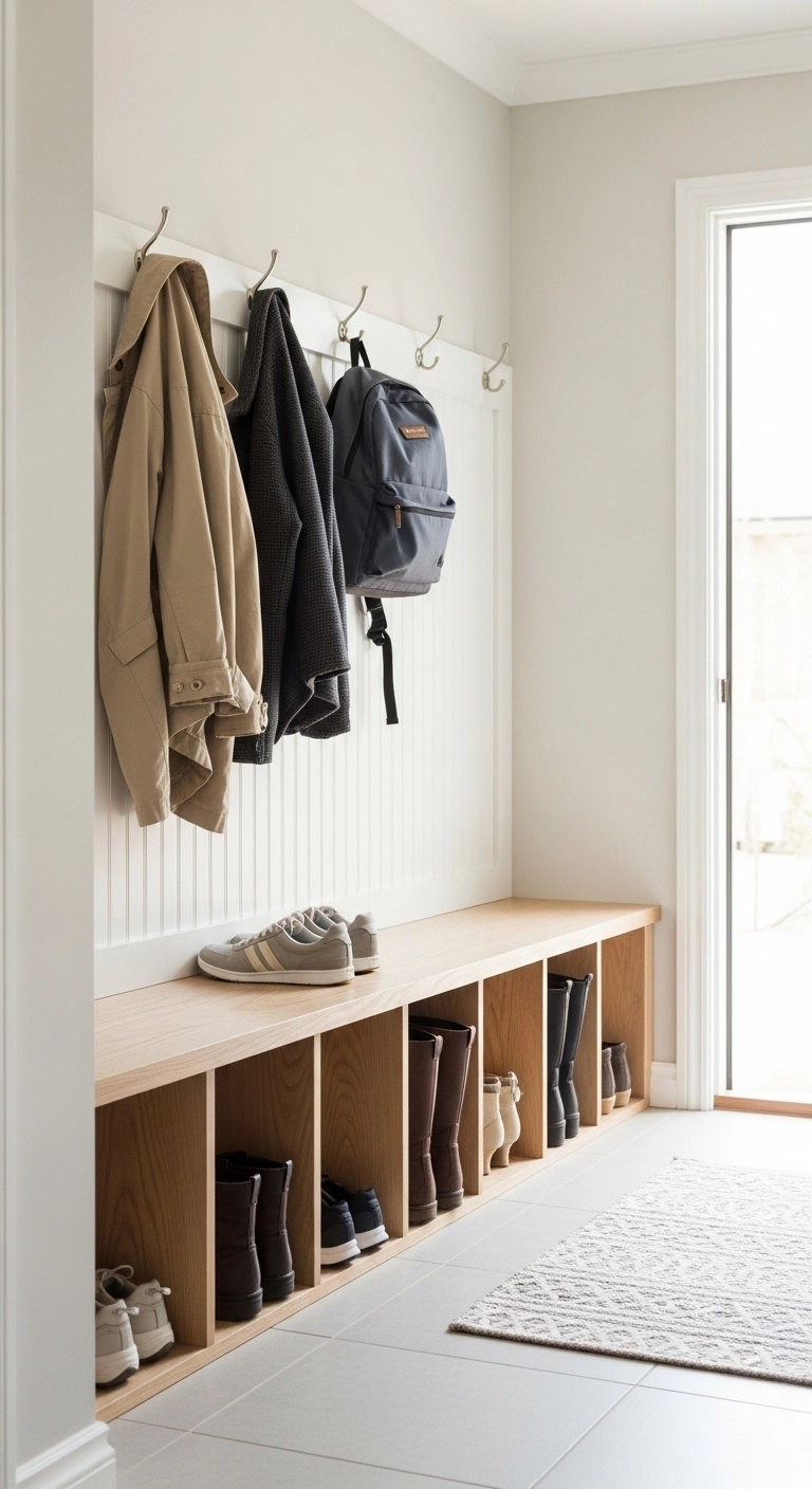 small mudroom ideas with low shoe cubbies in a compact entry