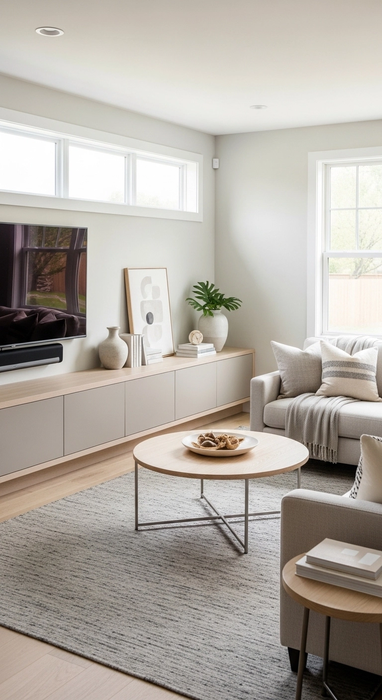 Media wall ideas with a low wide console for a relaxed modern layout