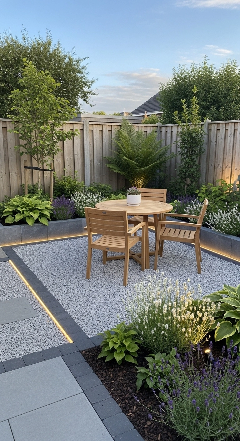 small backyard landscape design ideas with a gravel patio surface