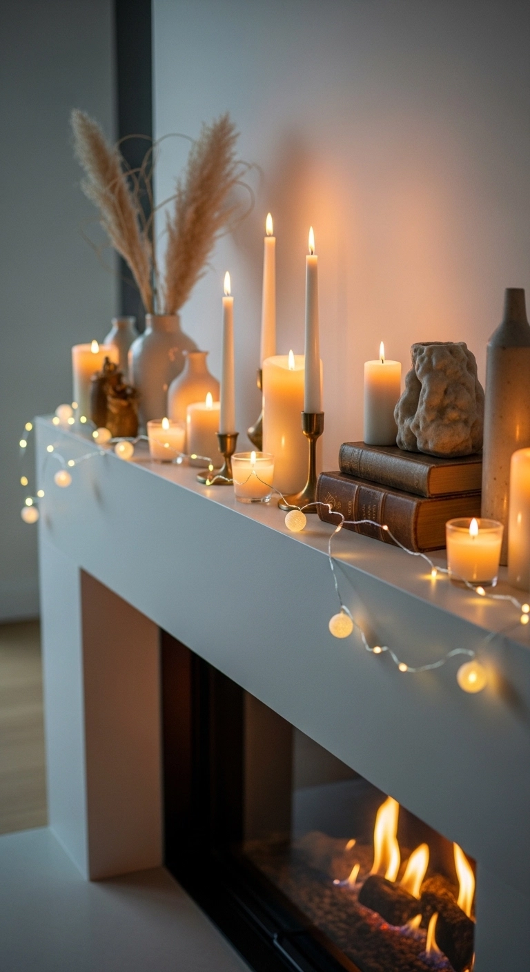 christmas candle decor ideas with mixed candle heights on a mantel