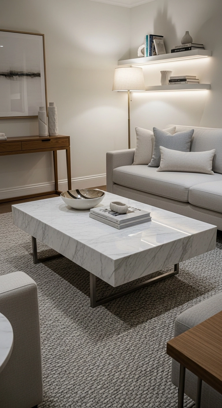 modern living room designs with a marble coffee table and soft textures