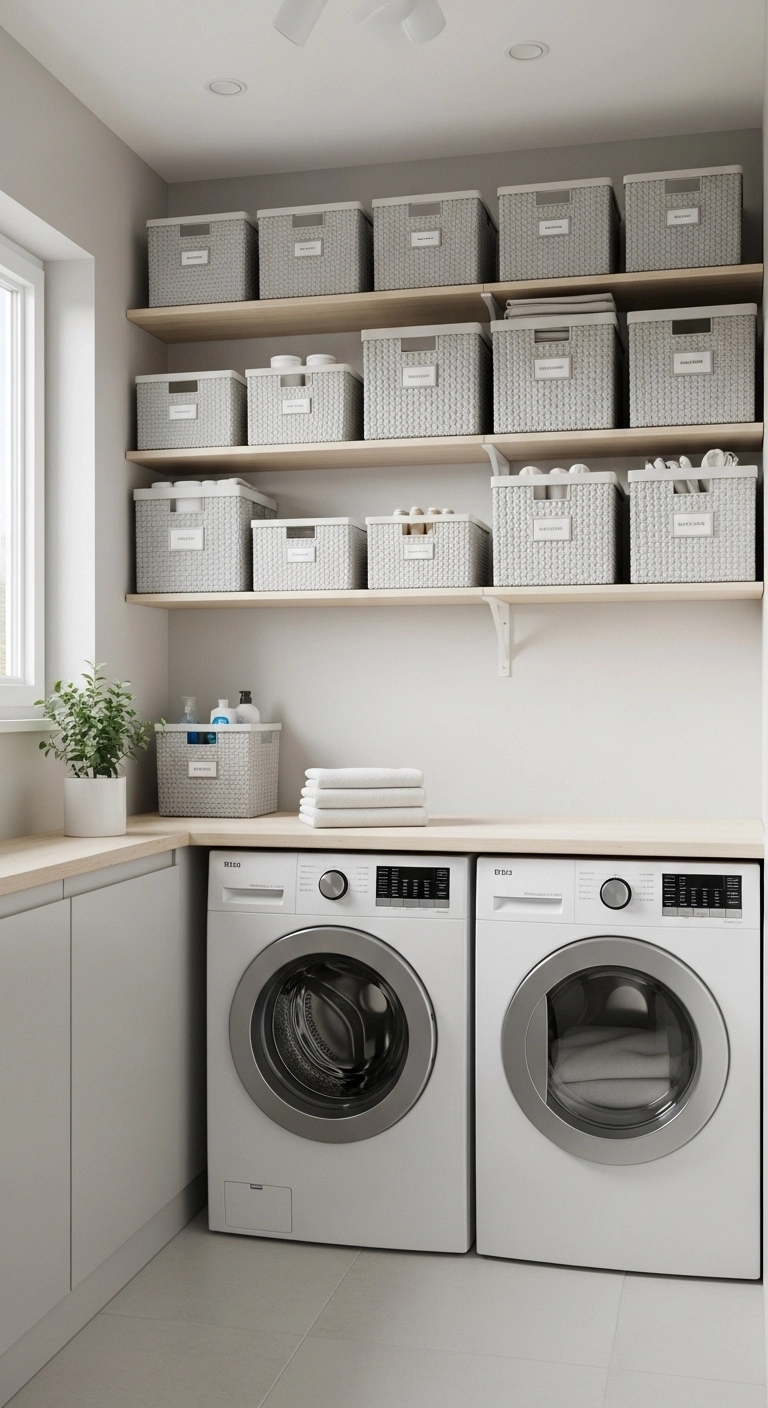 Small laundry room ideas with matching bins for shelf organization