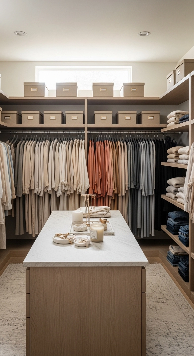 Walk in closet ideas with matching hangers and uniform storage boxes