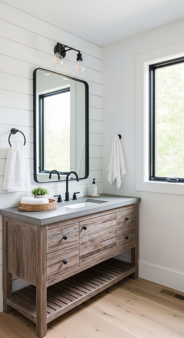 Farmhouse bathroom ideas with matte black hardware and a warm wood vanity