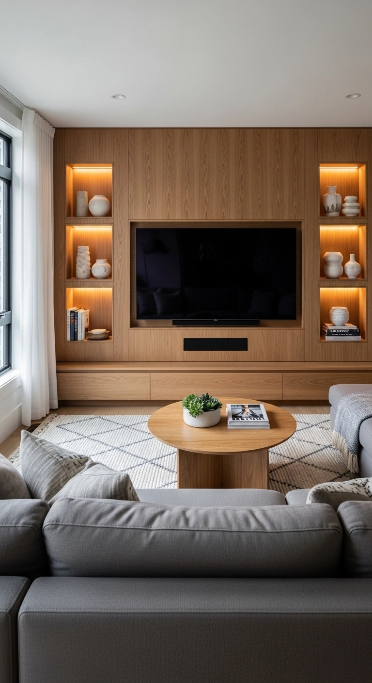 Media wall ideas with built-in display niches and soft lighting