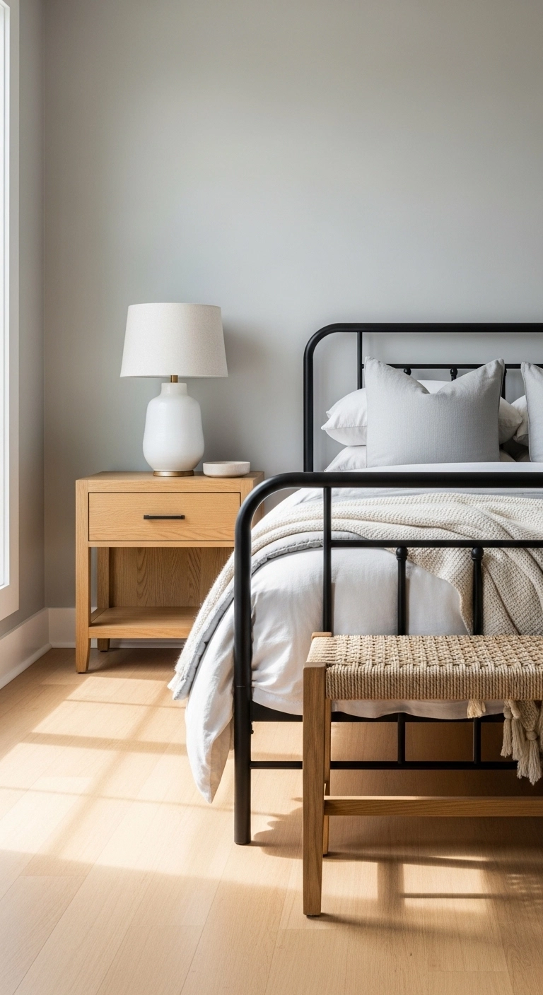 metal bed frame bedroom ideas mixing black metal with light wood furniture