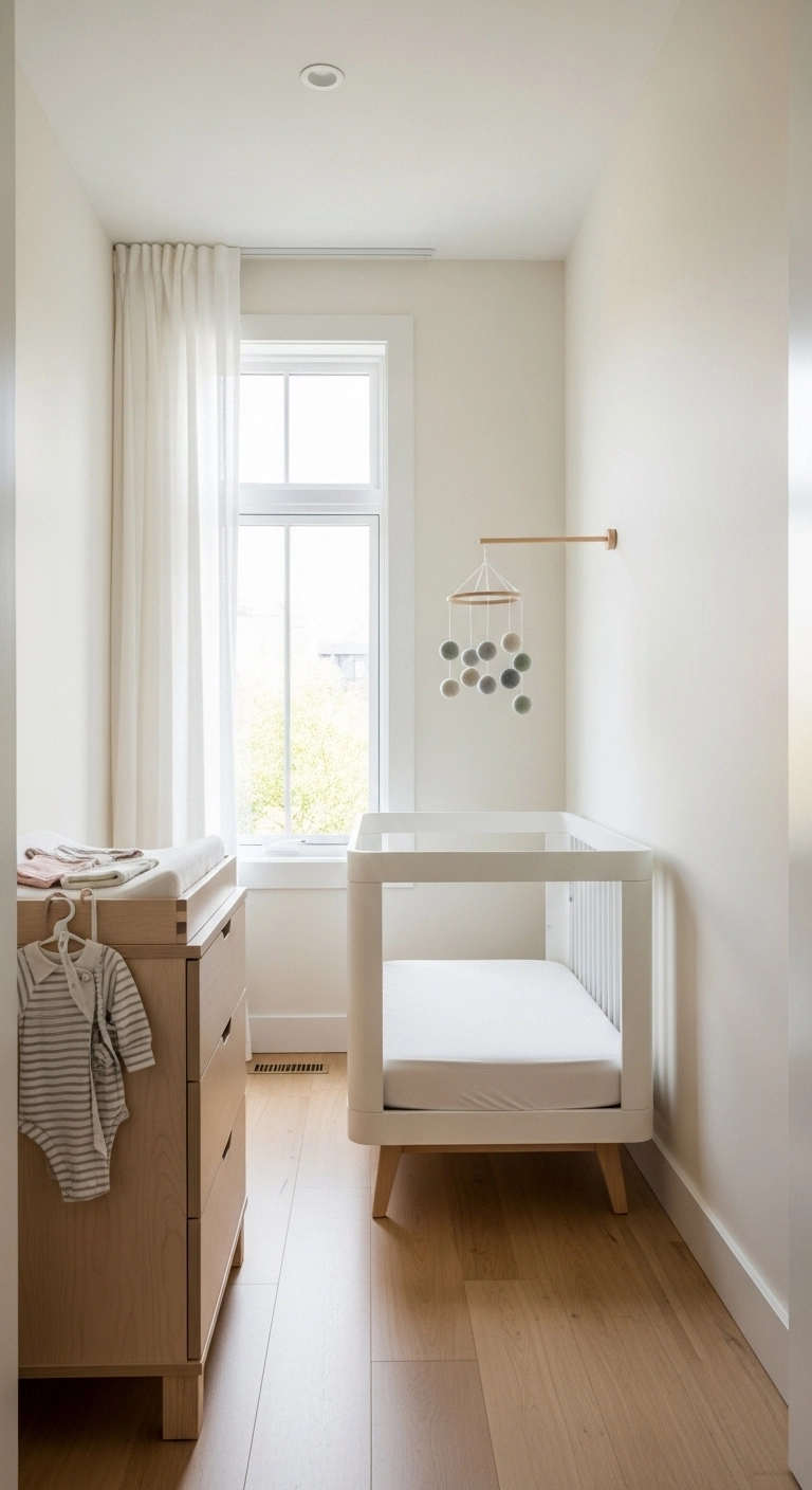 Small nursery ideas with a mini crib and soft neutral decor