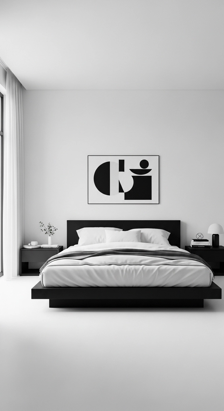 Black bedroom ideas in a minimalist black and white modern bedroom
