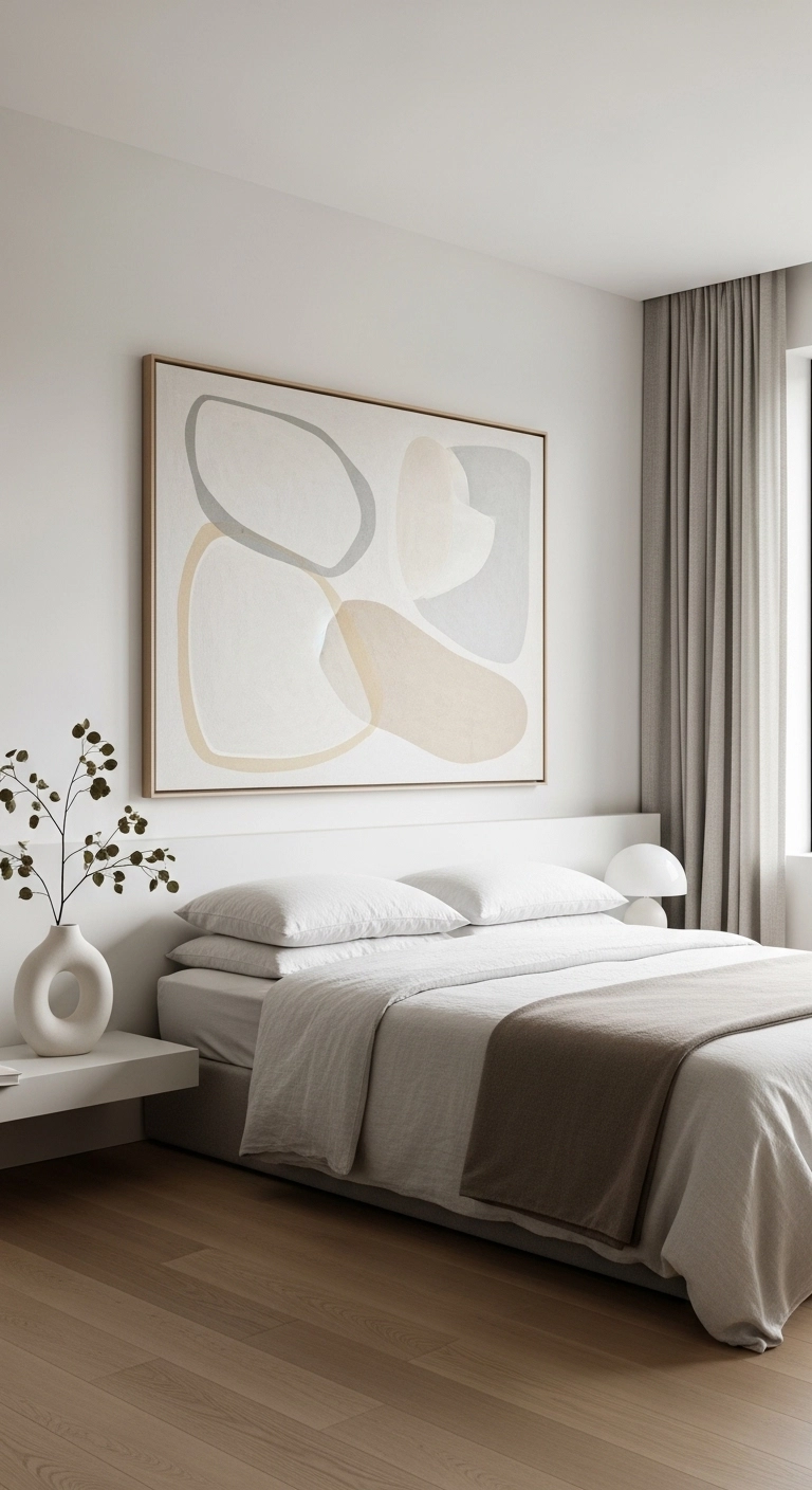 Calm bedroom ideas with minimal decor and one oversized artwork