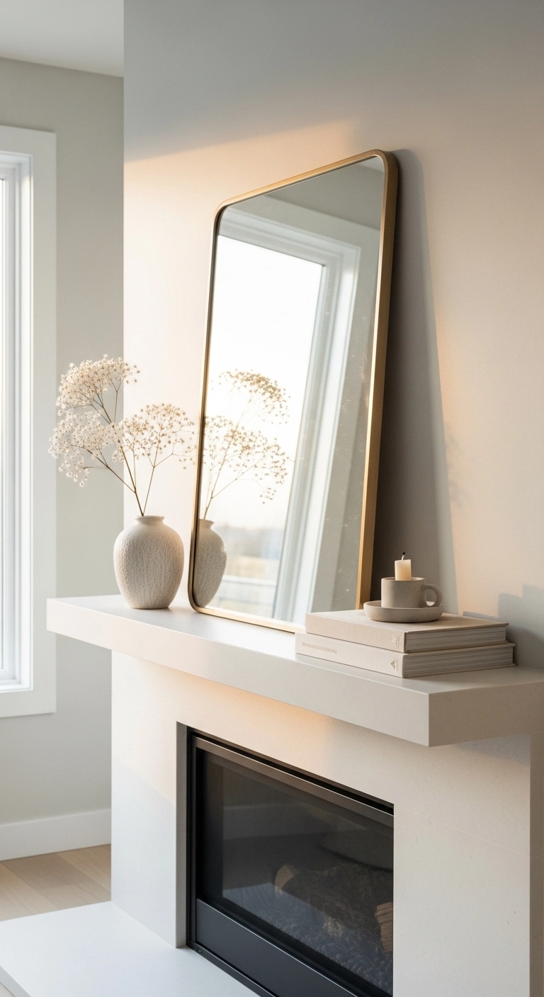 Fireplace decor ideas with minimal mantel styling in a cozy living room