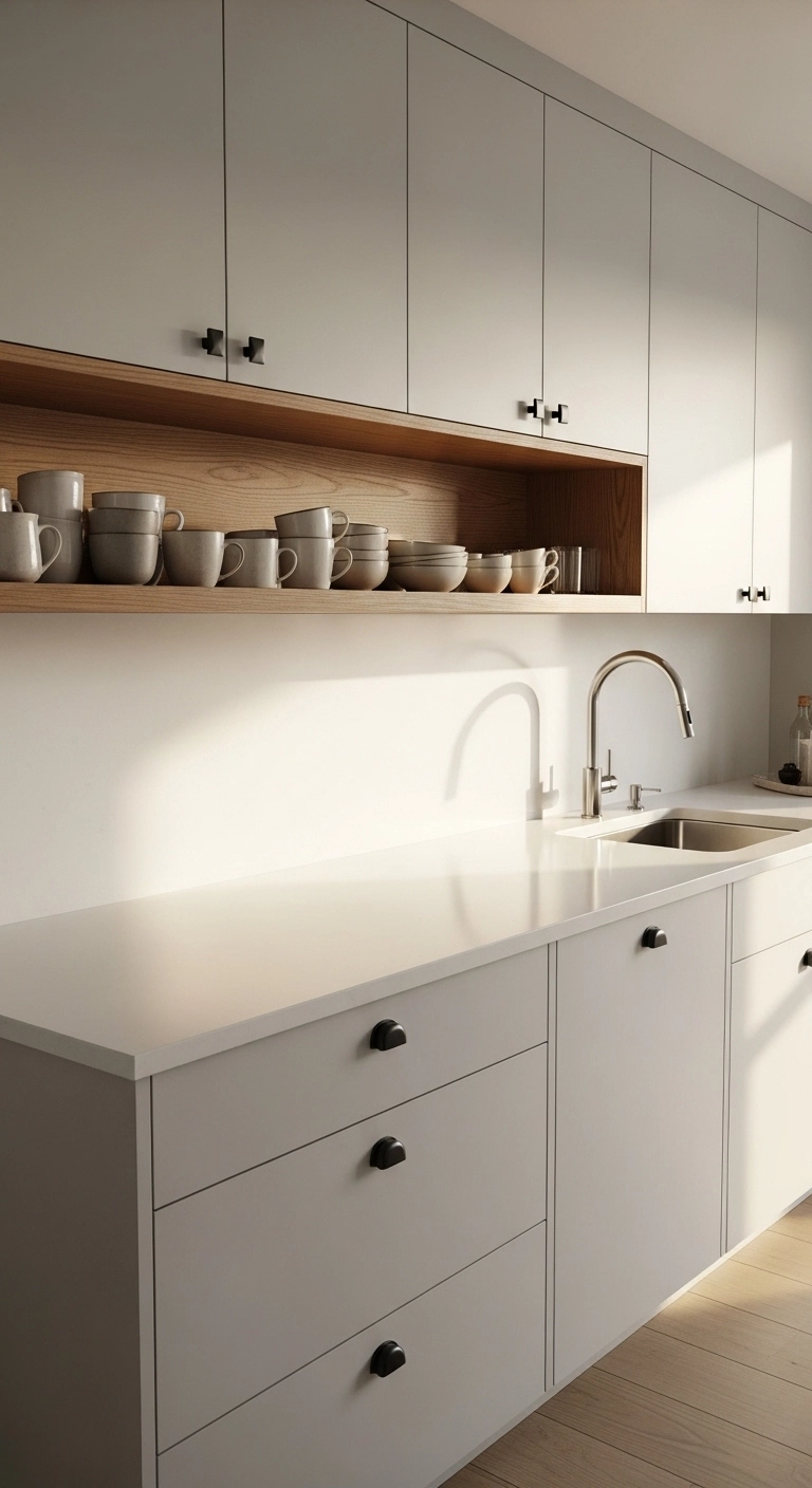 galley kitchen ideas with one open shelf and clean closed cabinetry
