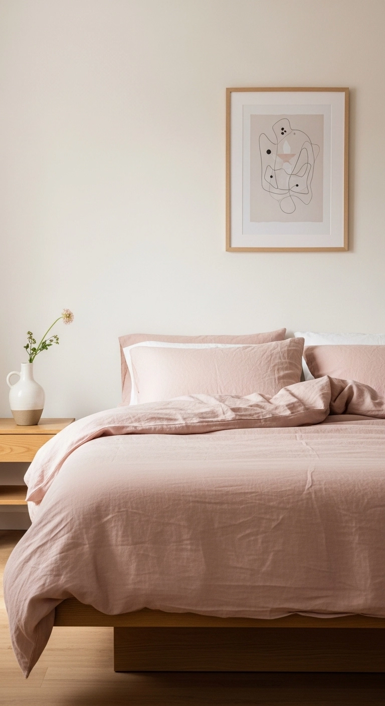 Pink bedroom ideas with minimal decor and soft blush bedding