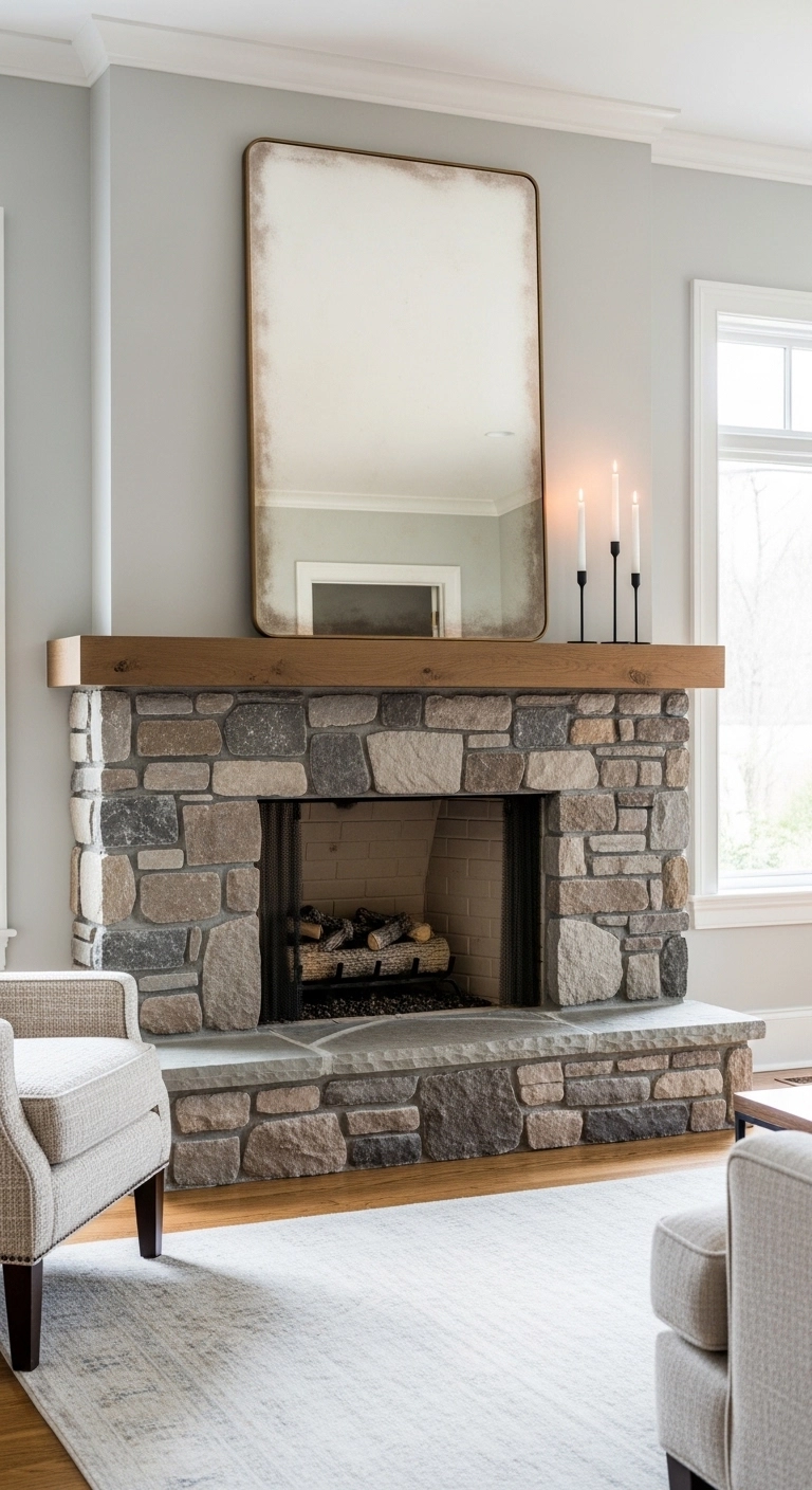 Fireplace decor ideas with minimal decor on a beautiful stone fireplace