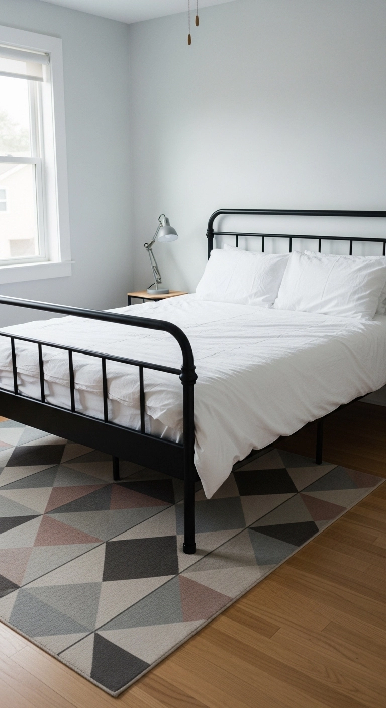 A clean edited layout helps this metal bed frame bedroom feel modern and restful.
