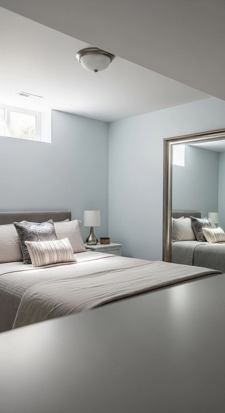 basement bedroom ideas with a mirror reflecting light in a basement room