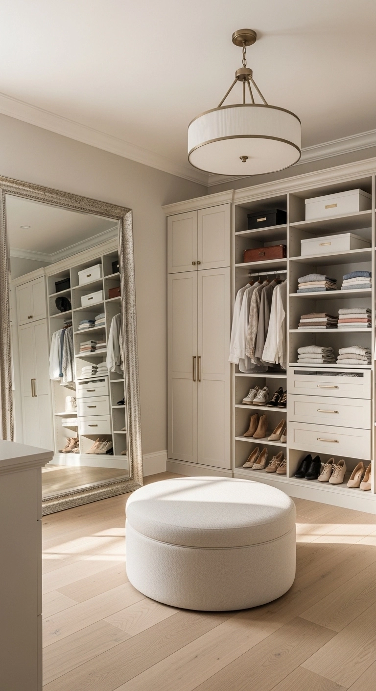 Walk in closet ideas with a full-length mirror and bright spacious look
