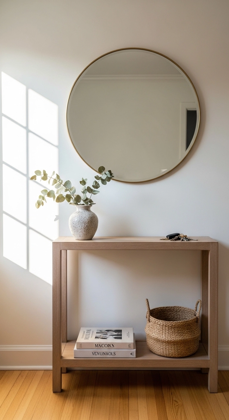 Entryway decor ideas featuring a round mirror above a warm console table