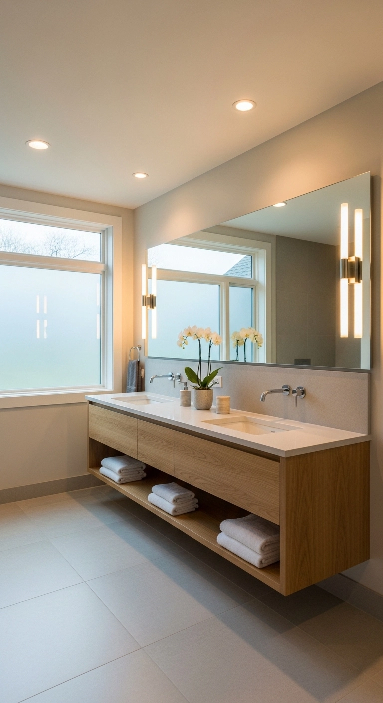 Bathroom mirror ideas with side sconces placed beside a vanity mirror