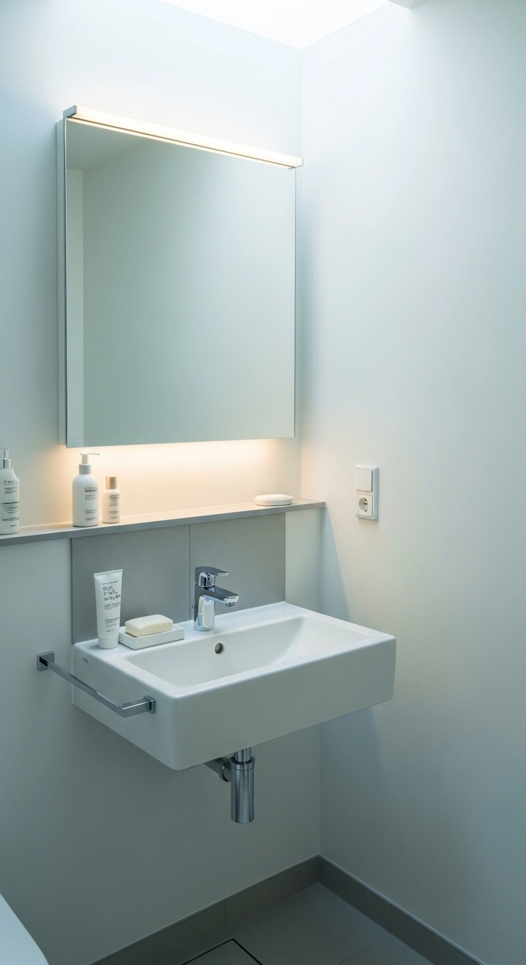 Bathroom mirror ideas with a slim shelf mirror in a compact bathroom