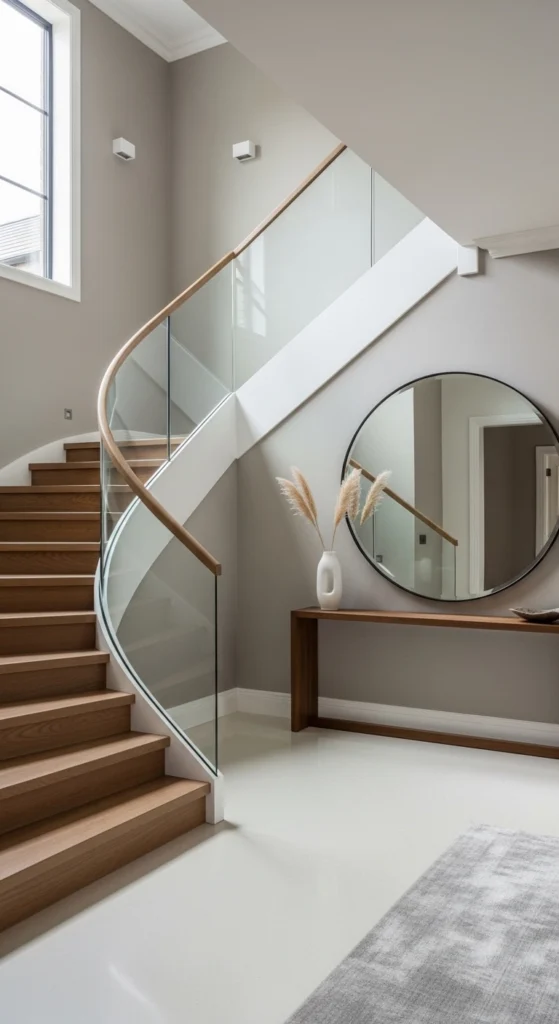 staircase decor ideas with a round mirror near the stairs