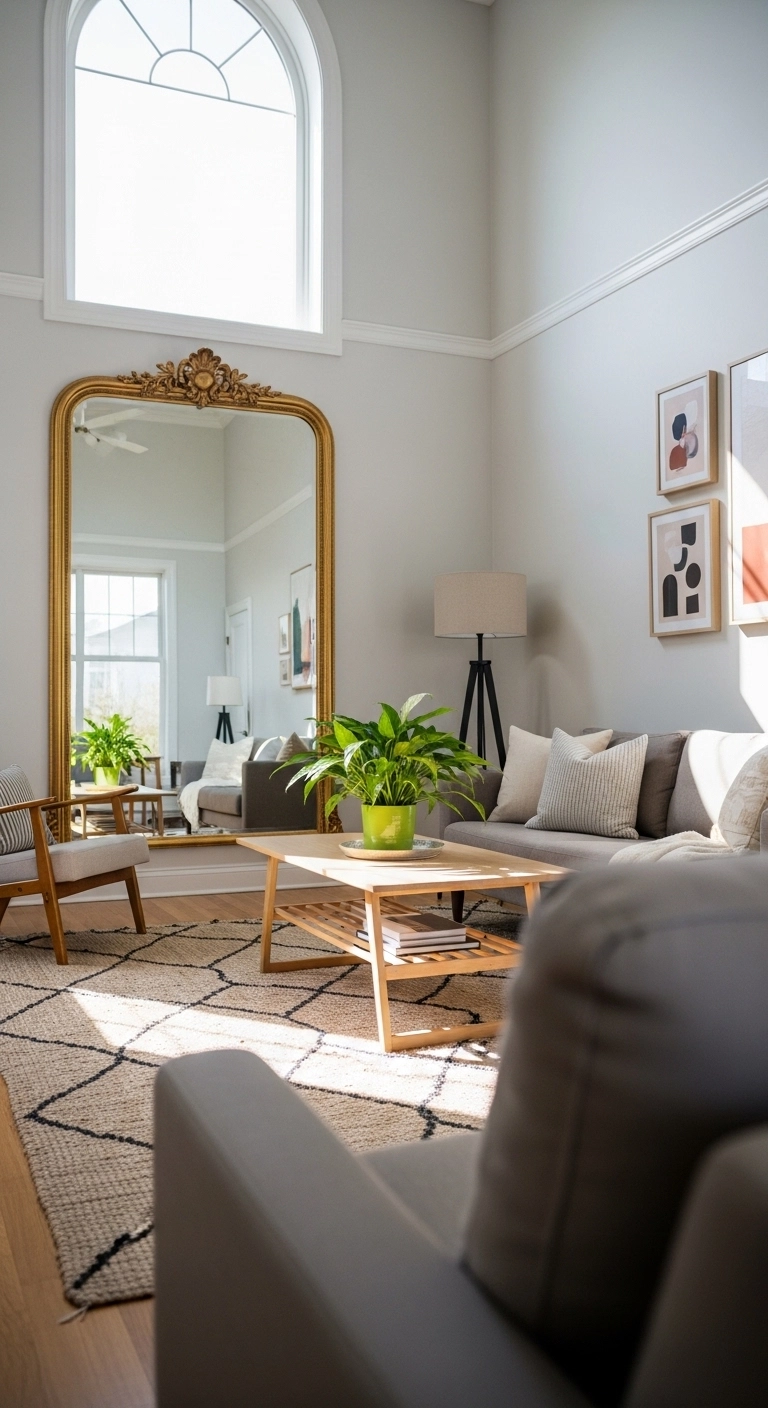 easy home decor updates with a large mirror in a bright room