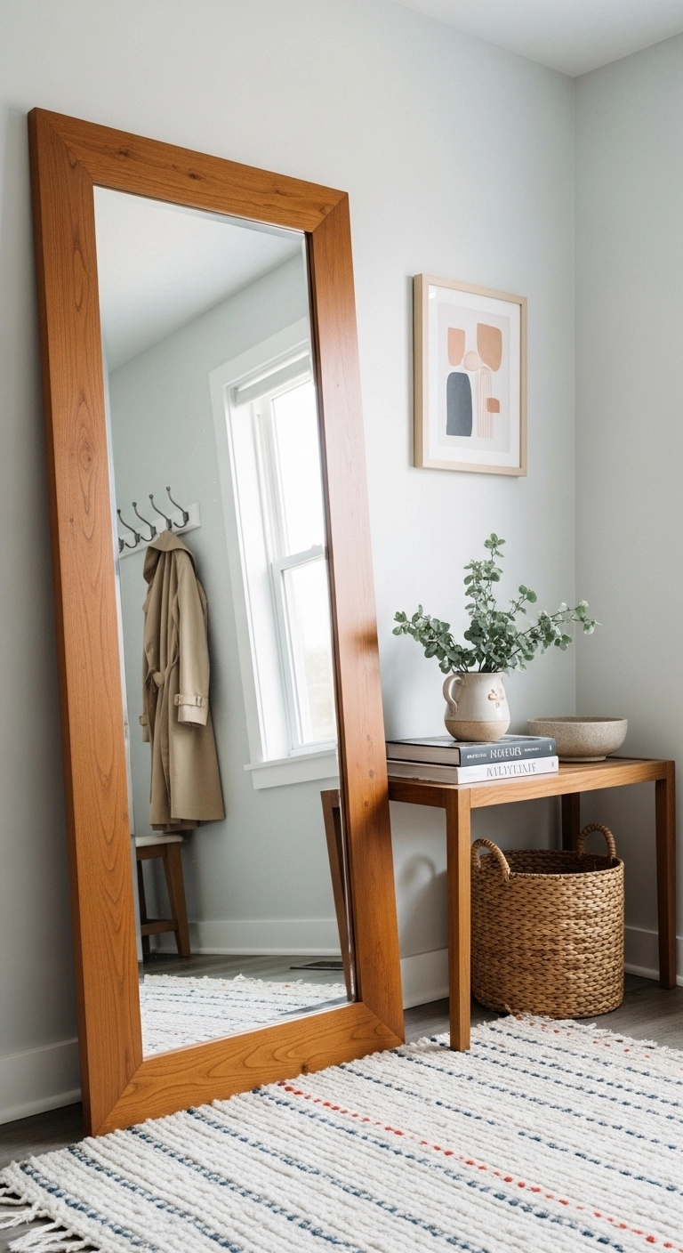 decorating a rental with a large mirror in a small entryway