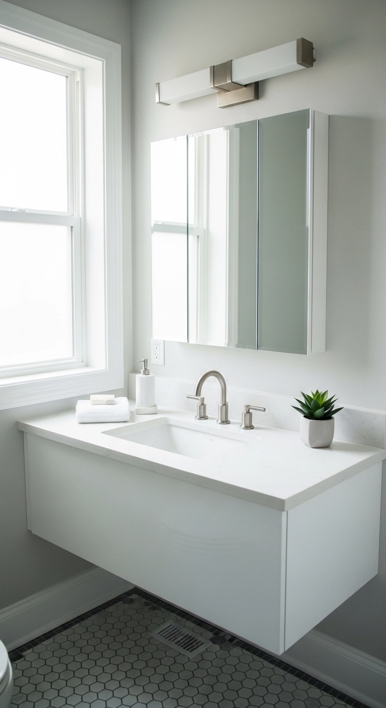 Bathroom mirror ideas with a mirrored medicine cabinet and clean vanity