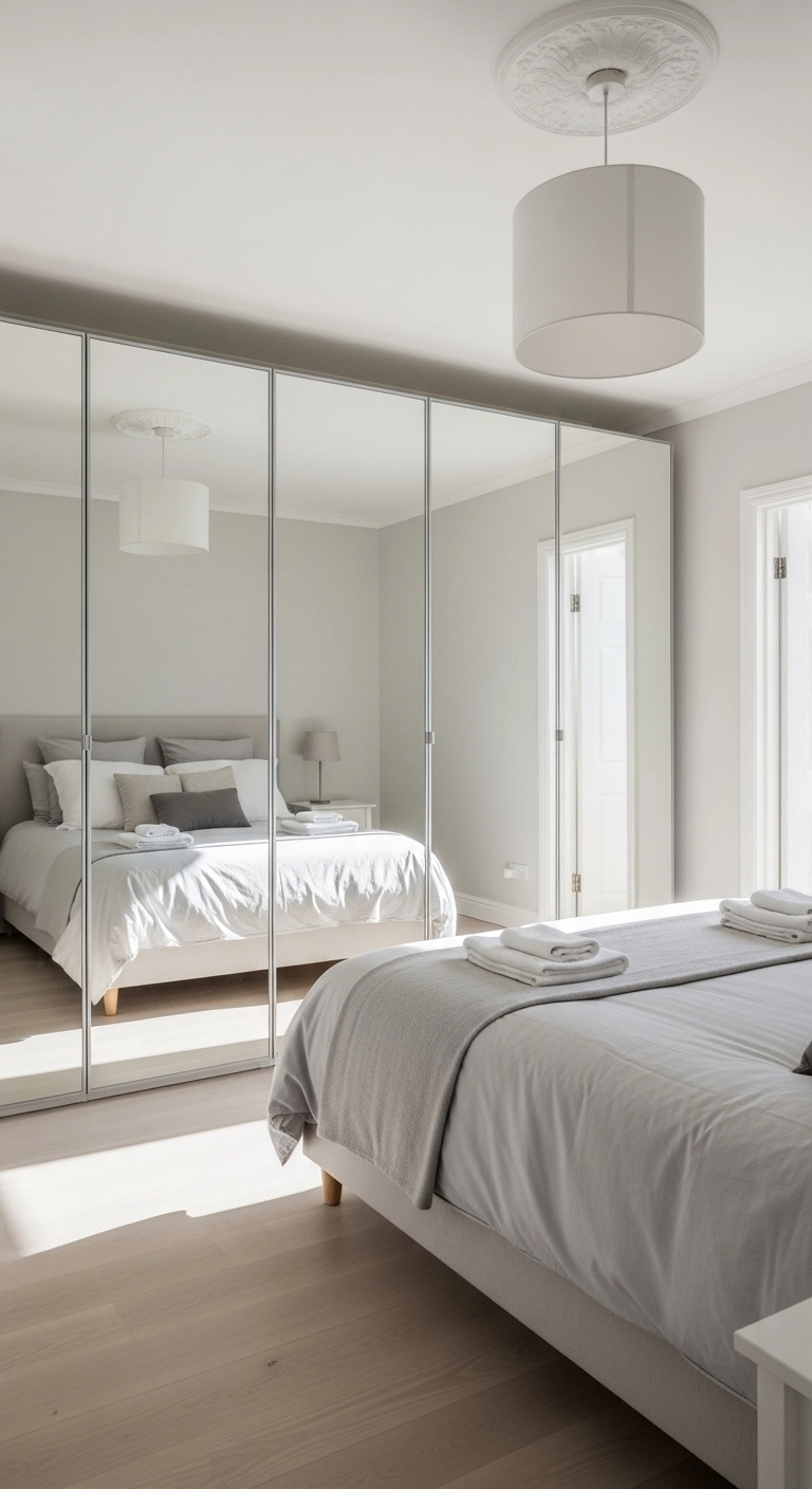 wardrobe decor ideas with mirrored wardrobe reflecting light