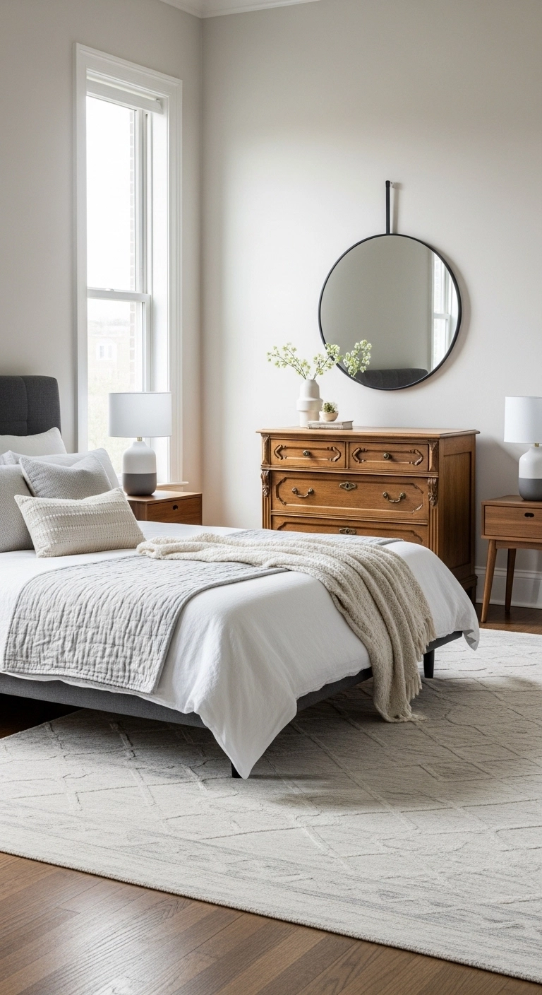 affordable bedroom ideas with mixed old and new furniture in a stylish bedroom