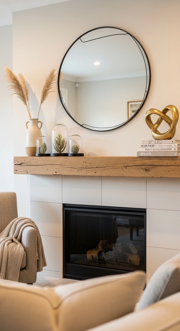 Fireplace decor ideas using mixed materials for an elegant layered look