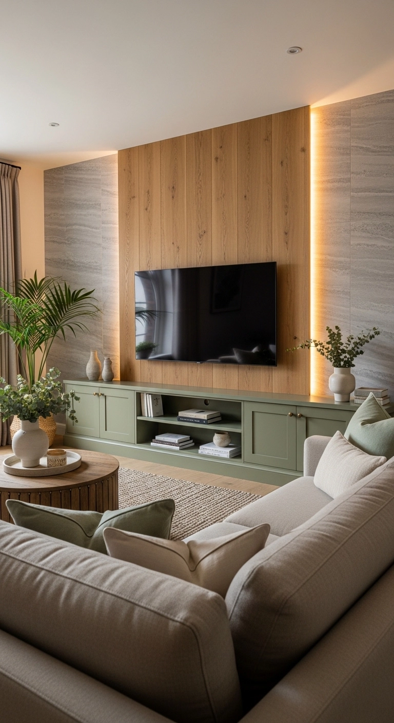 Media wall ideas with mixed materials in a calm neutral living room