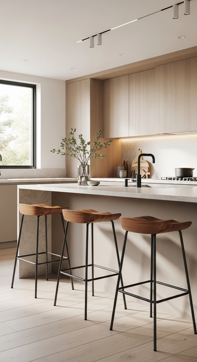 kitchen stool ideas with mixed-material stools in a modern kitchen