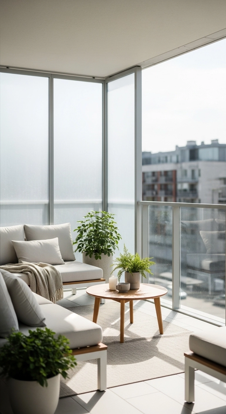 Balcony privacy ideas with frosted side panels on a modern apartment balcony
