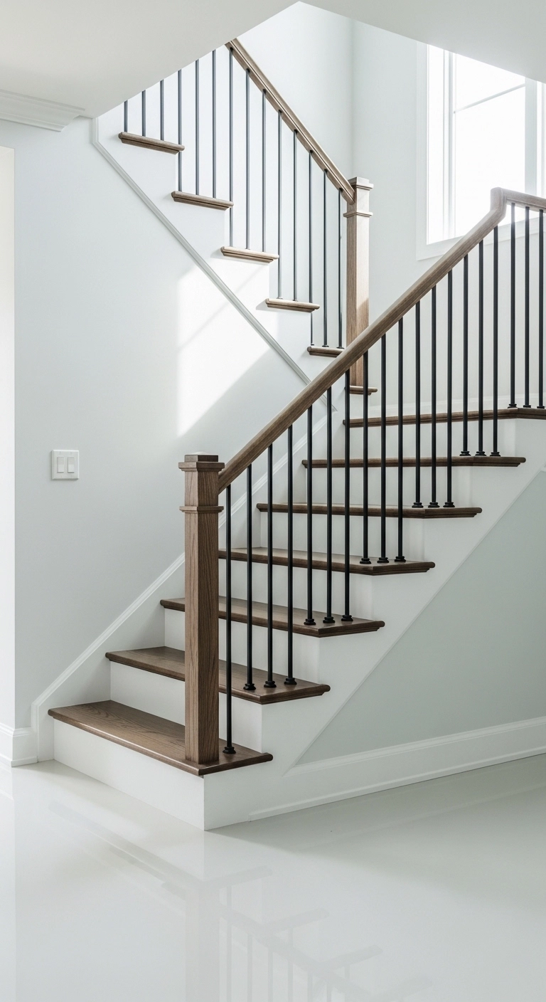 staircase decor ideas with black balusters and a wood handrail