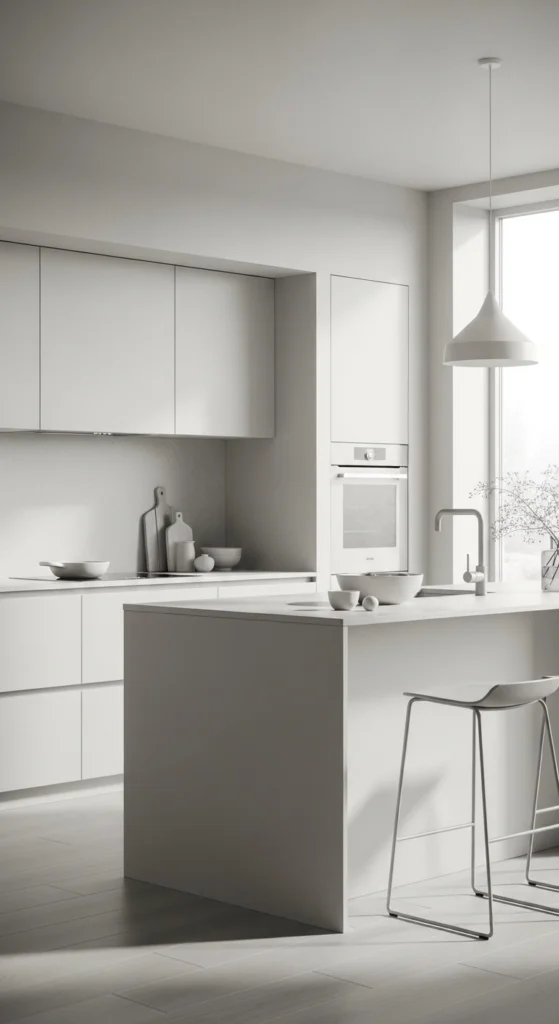 Island kitchen ideas in a monochrome modern kitchen with a matching island