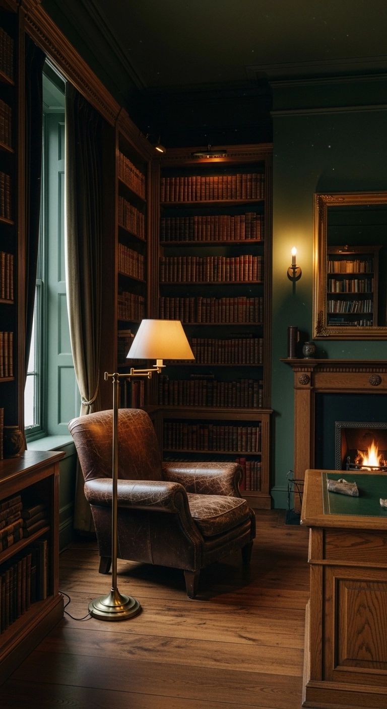 Library room ideas in a dark moody reading room with green walls