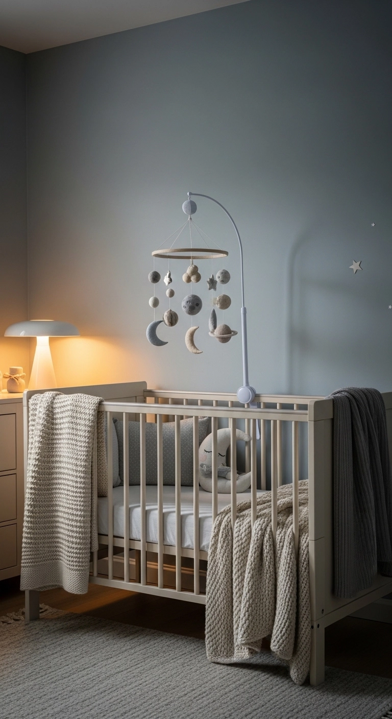 baby room themes with a moon and stars nursery in soft gray blue tones