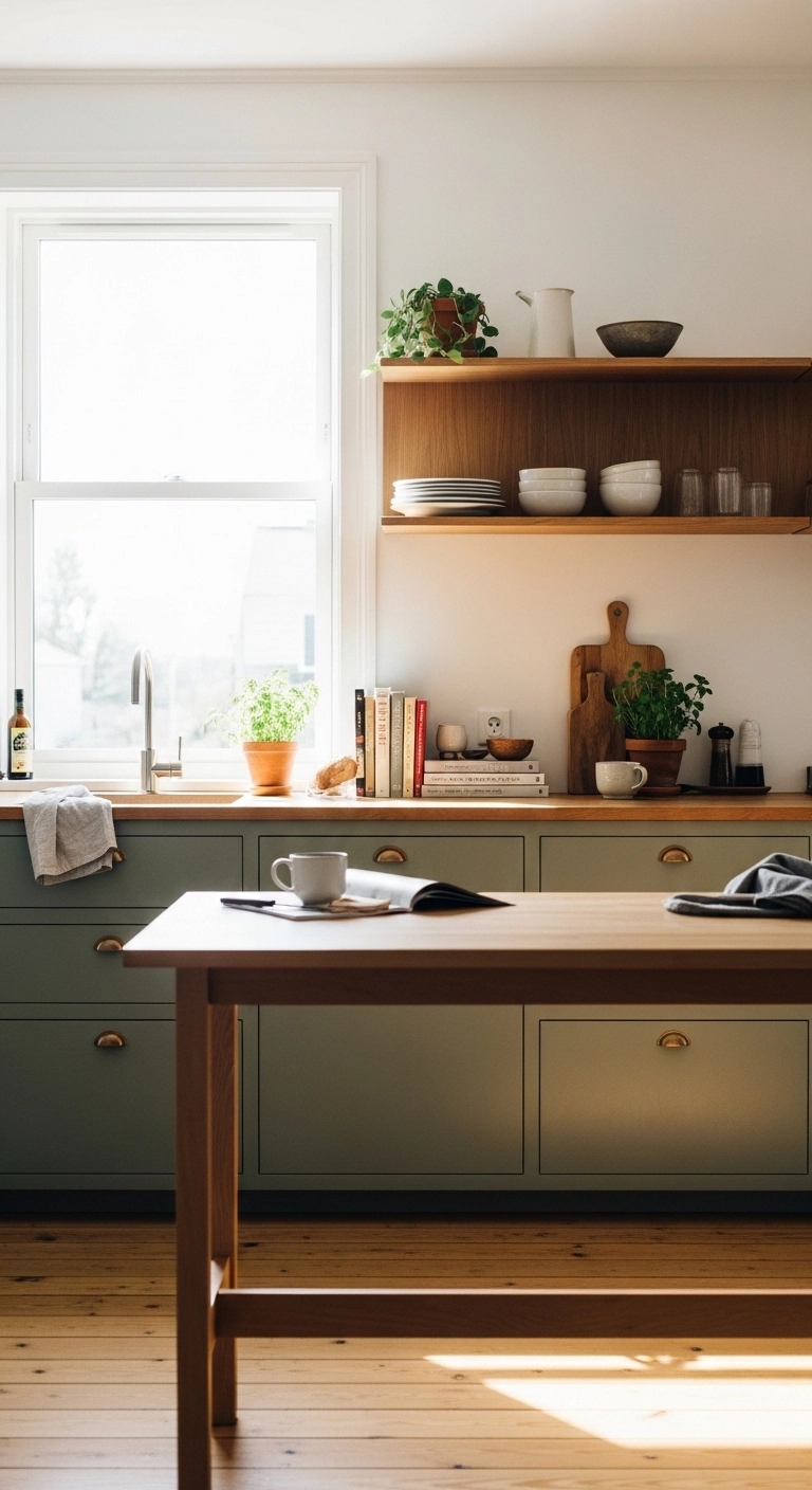 Kitchen cabinet ideas with muted green cabinets and natural wood accents