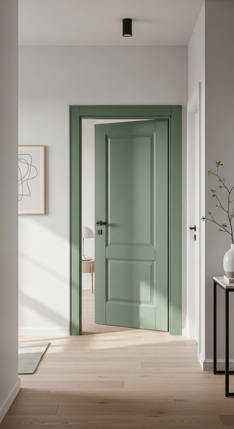Door painting ideas featuring a muted sage interior door in a modern hallway