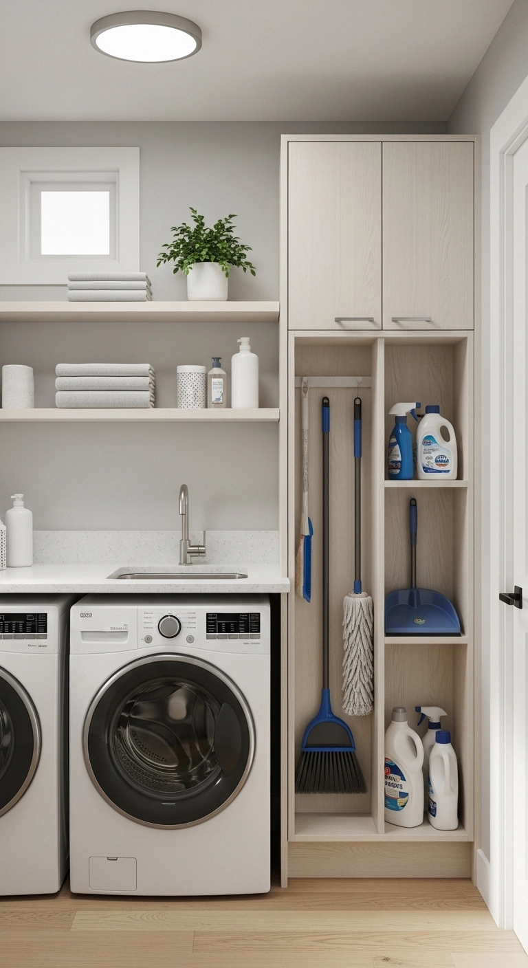 Small laundry room ideas with narrow cabinet for broom and mop