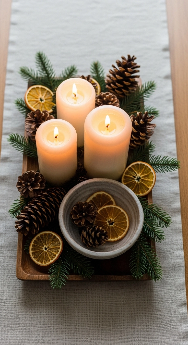 christmas candle decor ideas with candles styled with natural materials