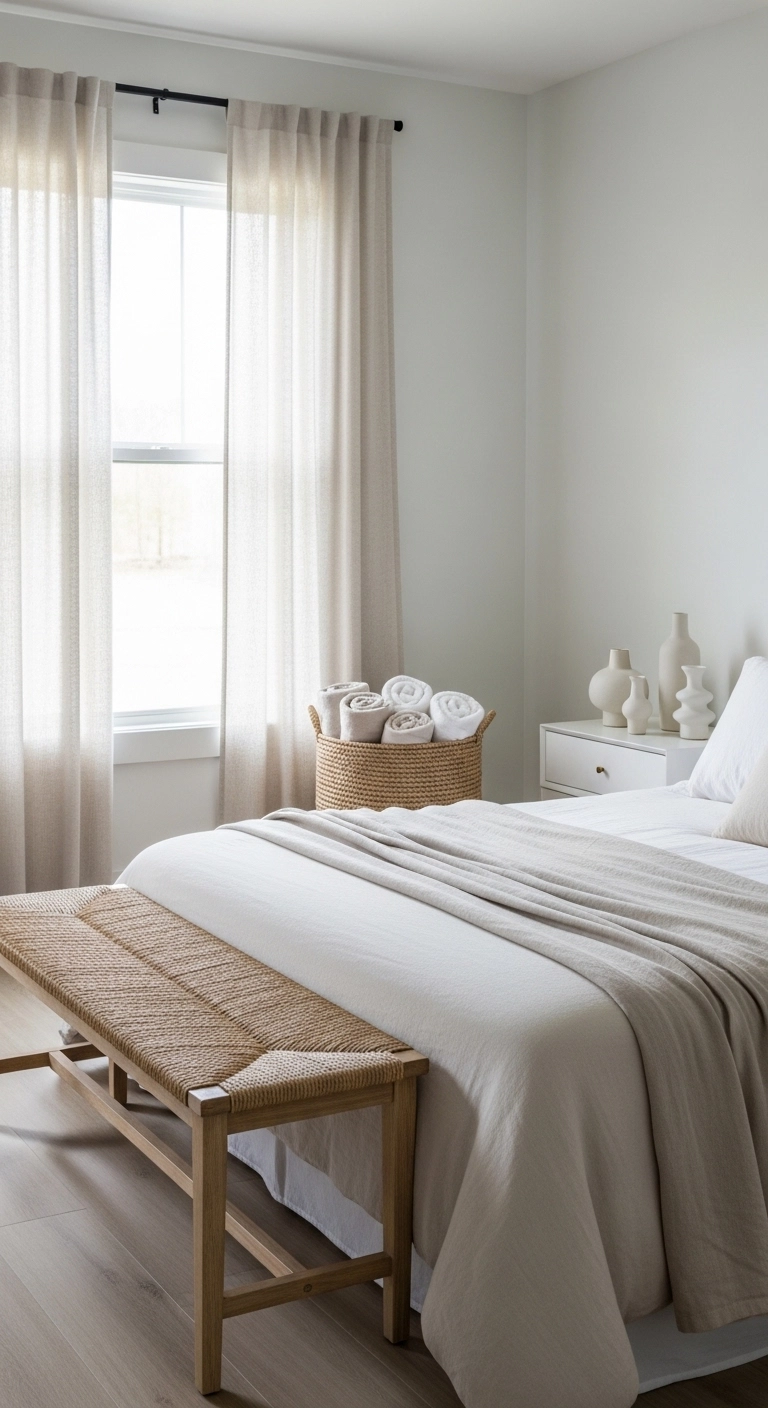 spa bedroom ideas with natural materials and woven textures