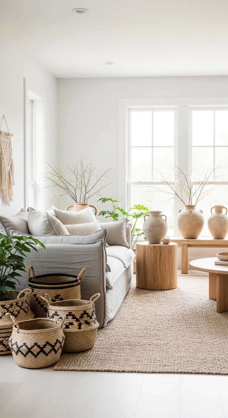 White living room ideas with woven decor and natural materials