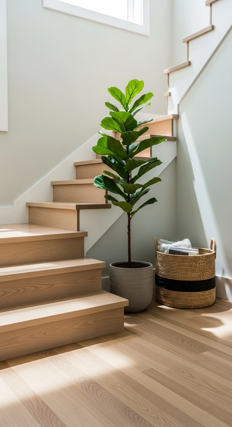 staircase decor ideas with a plant and woven basket at the base