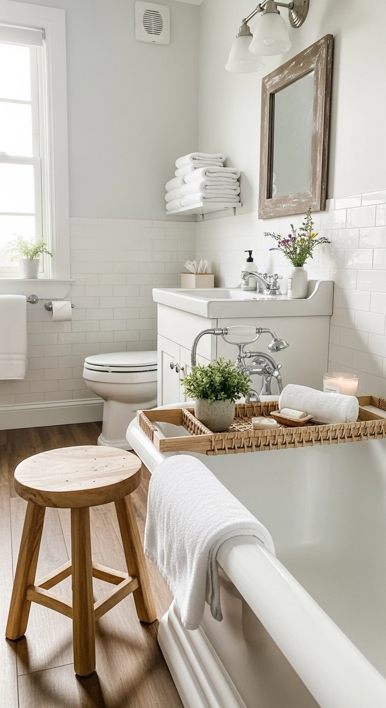 Farmhouse bathroom ideas with natural wood accents and soft rustic styling