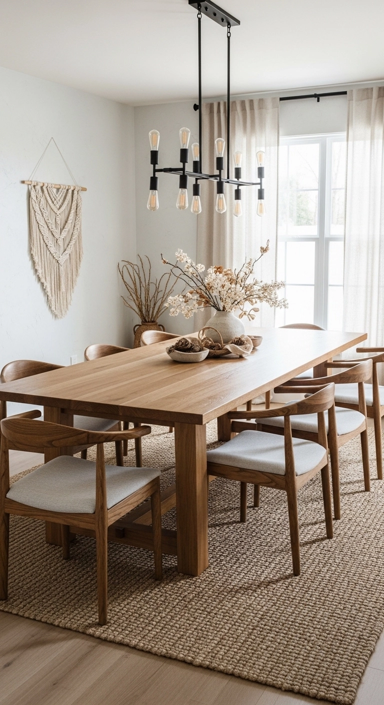 Dining room ideas featuring natural wood furniture and warm organic styling