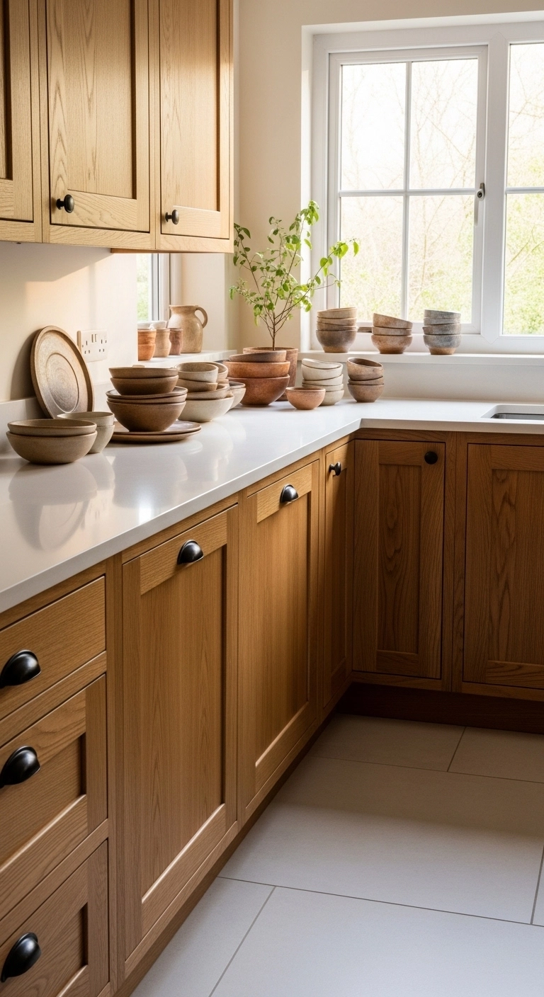 Kitchen cabinet ideas showing natural wood cabinets with clean white counters