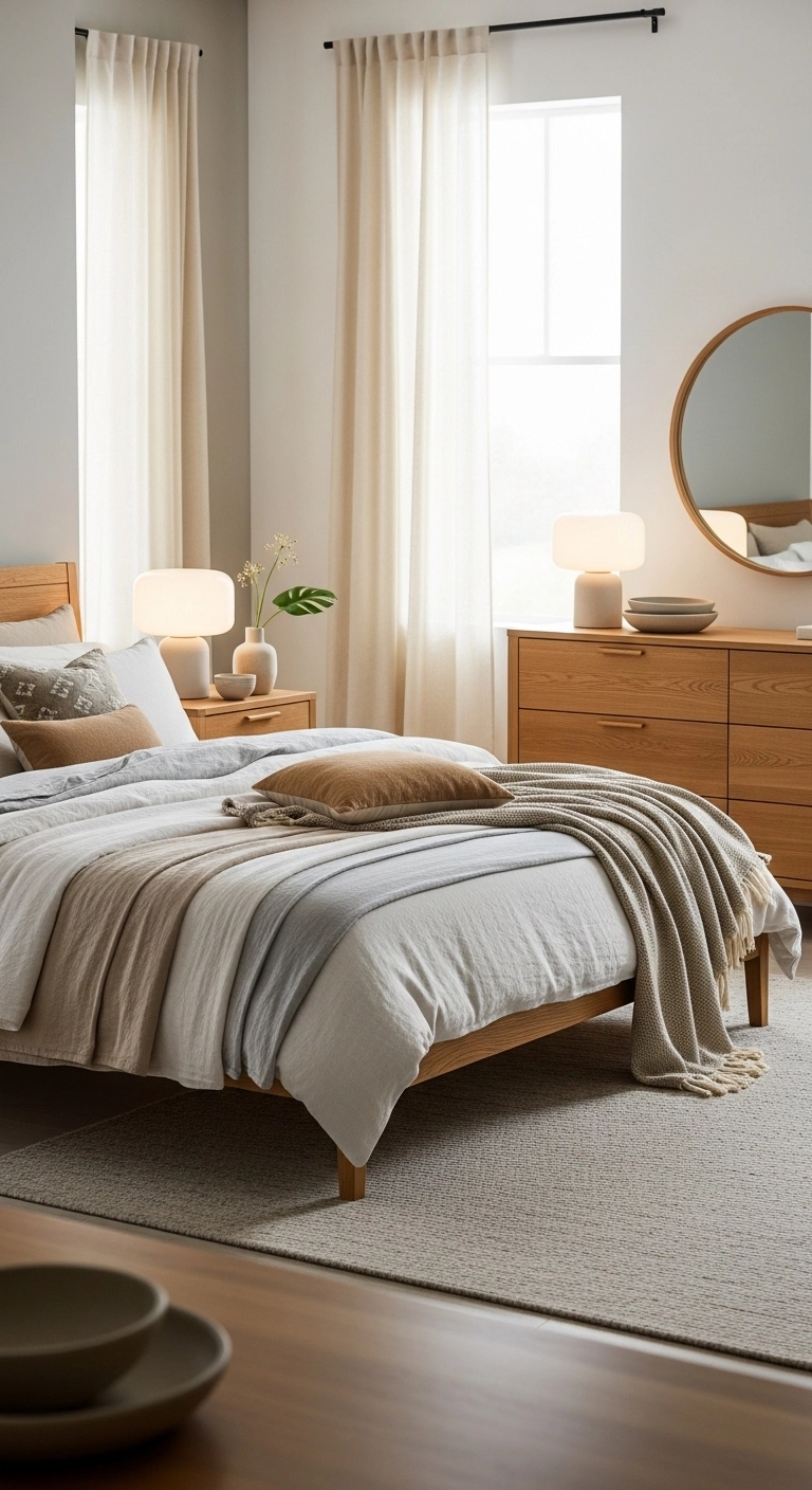 Calm bedroom ideas with natural wood furniture and soft neutral decor